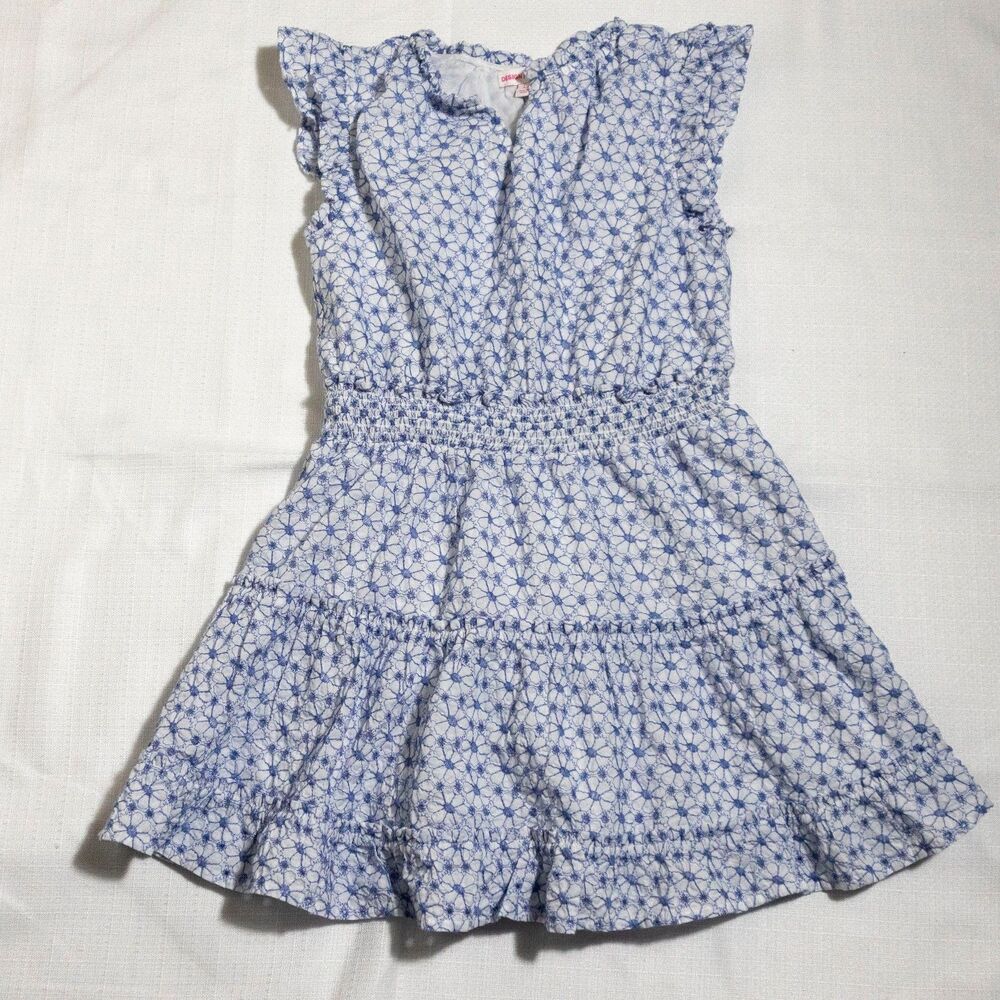 Design History Girls Blue White Floral Dress Ruffle Tiered Cotton Size Large